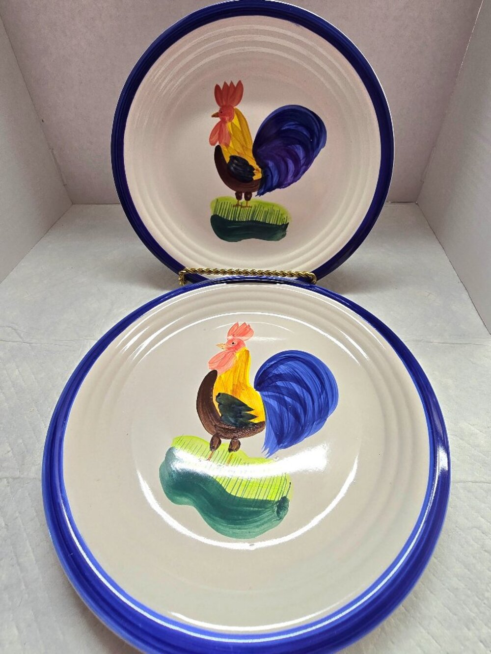 Vtg Set Of 2 Alco Industries Rooster Blue Band Ceramic DInner Plates EUC 10 1/2"